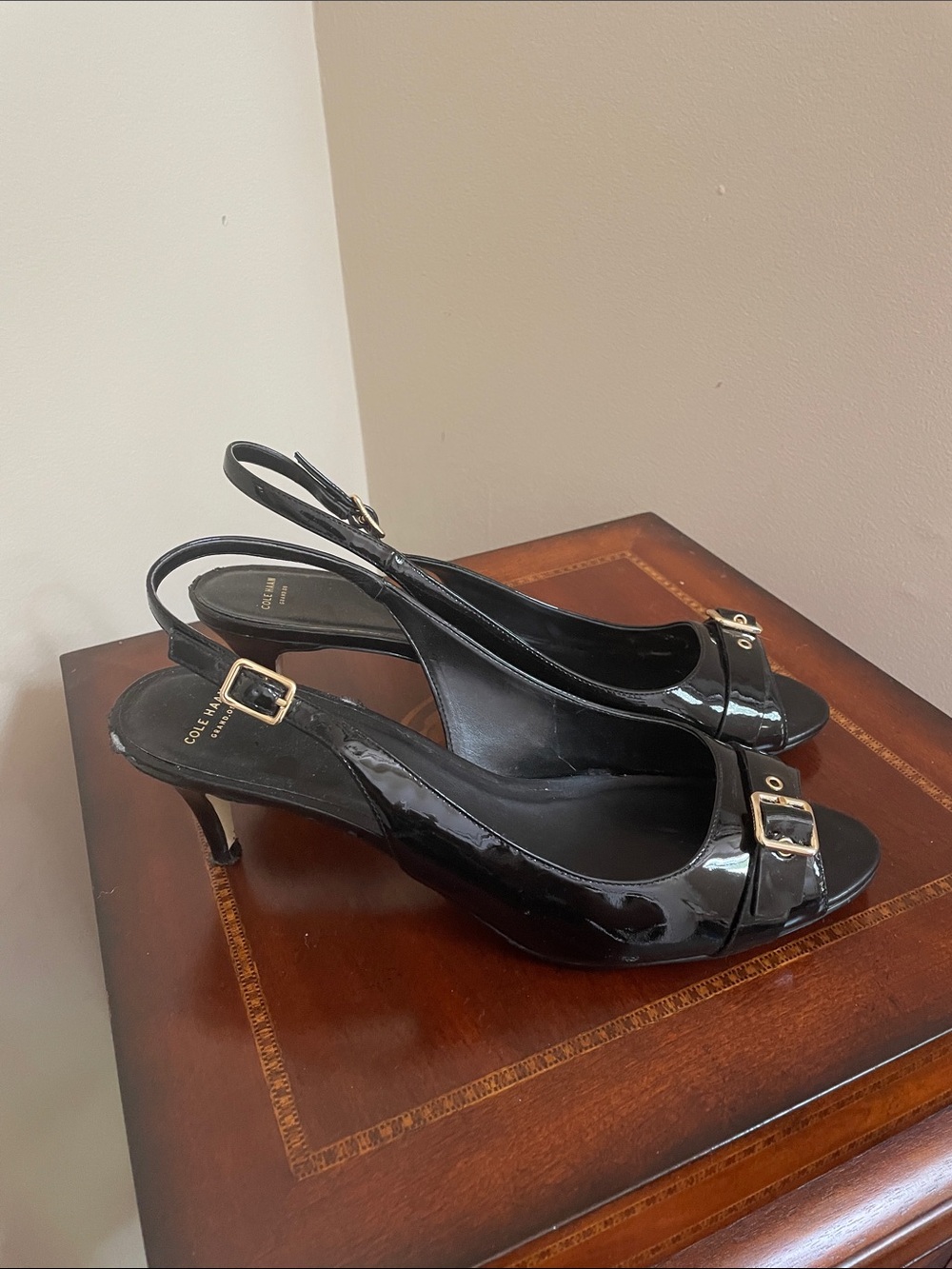 Cole Haan Black Patent Slingback Peep-Toe Heels with Gold Buckle